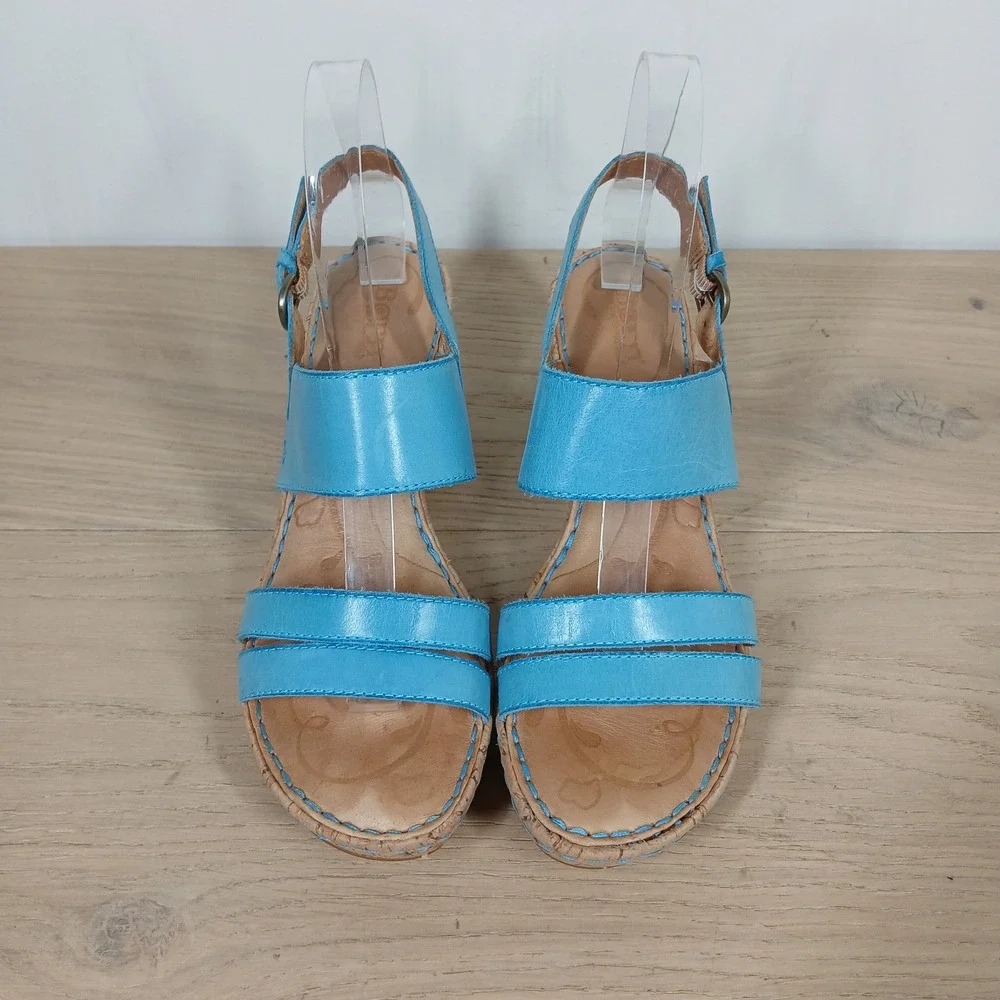 Born Wedge Sandals Womens 8 Blue Leather Cork Platform Slingback Opanka Strappy
